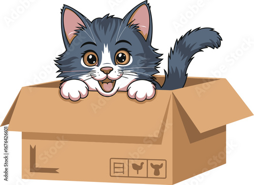 Adorable cartoon kitten peeking out of a cardboard box