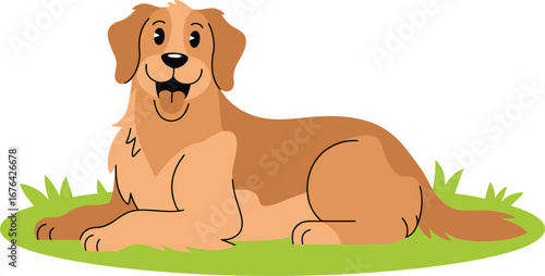 Happy Golden Retriever Dog Lying on Green Grass