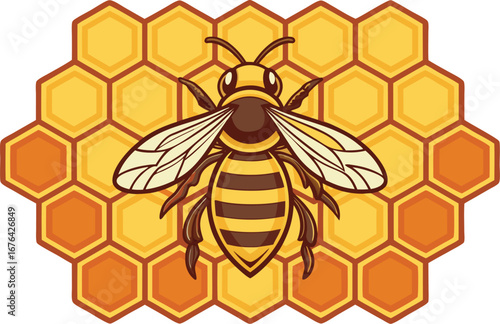 Close up illustration of a honeybee resting on a golden honeycomb structure with hexagonal cells