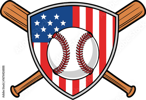 Classic american baseball emblem featuring crossed bats and a baseball over the united states flag