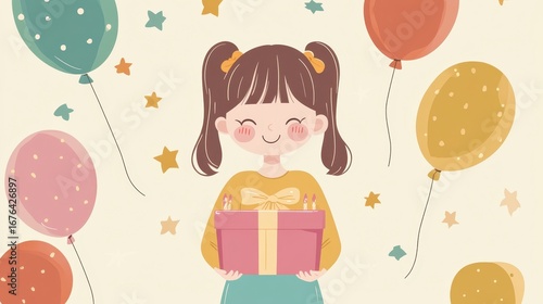 Happy Girl with Birthday Gift Surrounded by Colorful Balloons