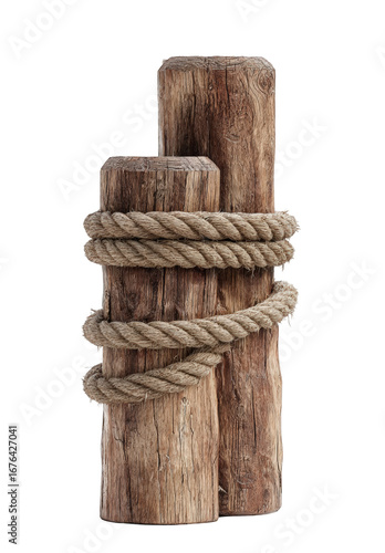 Two weathered wooden posts bound by a rope