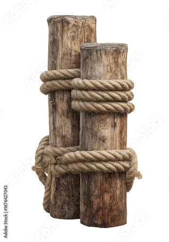 Two weathered wooden posts bound with rope