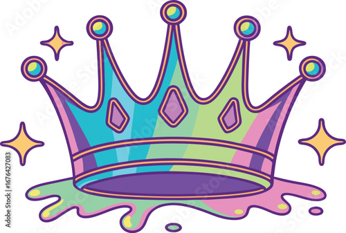 A vibrant and colorful crown with a shimmering iridescent effect and sparkling stars surrounding it
