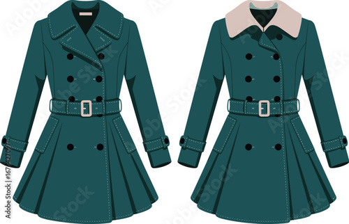 Teal trench coat flat sketch, stylish outerwear front view, belted double breasted design, fashion CAD drawing, winter coat vector