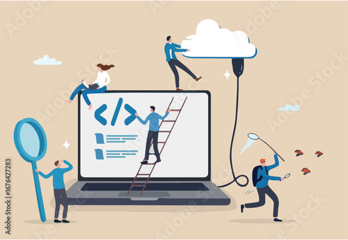 Software development, coding team, programming frontend backend framework, debugging algorithm, testing or deployment concept, young people software engineer working with online cloud computer laptop.