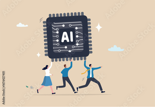Embrace AI, Artificial Intelligence adoption, user or people who use AI to help and support work success, innovation or revolution to change business concept, business people carry AI processing chip.
