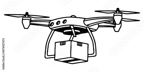 A drone carrying two packages suspended beneath it with visible rotors and landing gear outlined in black