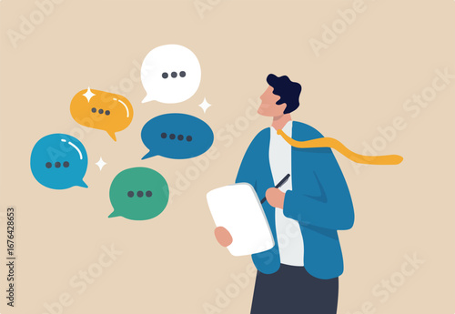 Requirements gathering, client demand or customer opinion, summary or meeting conclusion, stakeholders use case, lecture or meeting note concept, businessman write client requirements from discussion.
