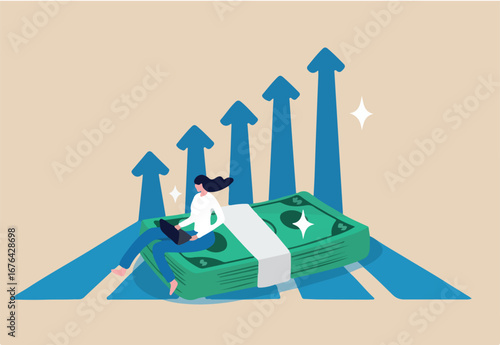 Increase income or salary raise, growing investment, wealth or saving profit, revenue rising, improvement or accumulate wealth concept, woman working with computer on banknote money growing graph.