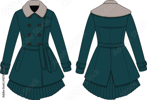 Winter coat fashion cad flat vector, pleated hem, fur collar, belted waist, double breasted, long sleeve, stylish design