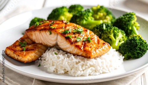 Grilled salmon with rice and broccoli