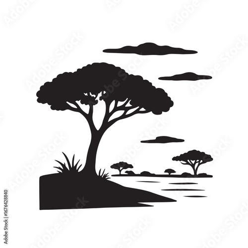 Tree in savanna landscape, silhouette vector illustration