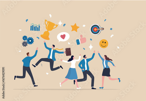 Employee engagement, work satisfaction or happiness, company commitment or employee appreciation, wellbeing or inclusive concept, happy business people employees jump with work engagement elements.