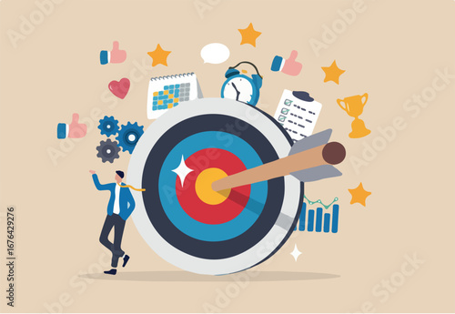 Goals setting, target achievement, focus on success outcome, planning to reach target bullseye, measurable result or clarity motivation concept, businessman with target bullseye and goal elements.