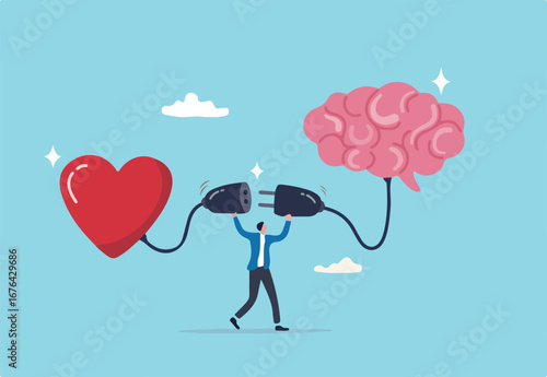 Emotional Intelligence, EI or control feeling and emotion with logical thinking brain, empathy or social skill, self control or balance concept, man connect heart feeling with logical thinking brain.
