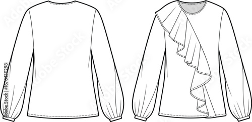 Women’s blouse fashion flat sketch with ruffle detail, long puff sleeves, front and back view, technical garment drawing