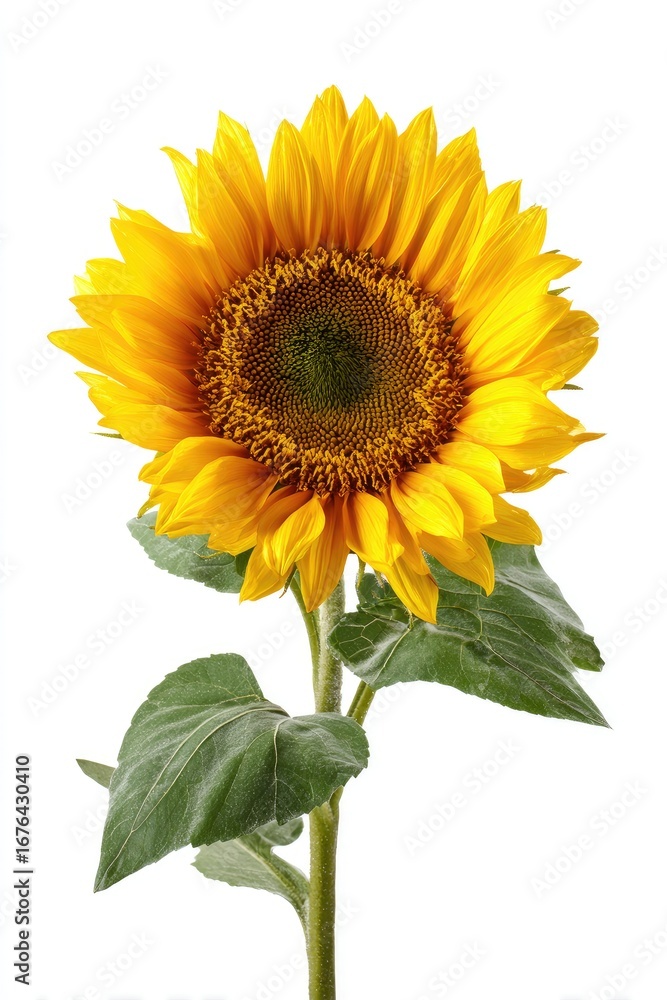 Obraz premium Bright sunflower with green leaves against white