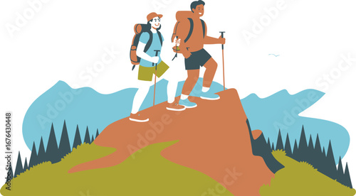 Two hikers reach the summit of a mountain