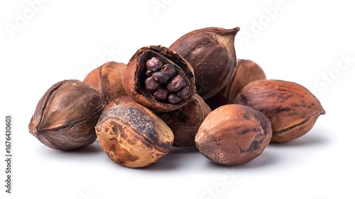Heap of Brown Irvingia Gabonensis Dika Nuts with Opened Seed on White Background