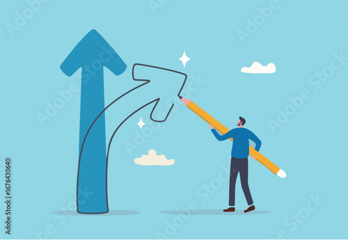 Change direction or career path for best opportunity, turn or transform to different direction, choice or alternative way to progress concept, businessman draw new arrow metaphor of change direction.