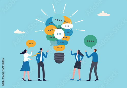 Effective communication, meeting discussion or conversation solution, speak or telling intelligence information, team opinion new idea concept, business people discuss with lightbulb speech bubble.