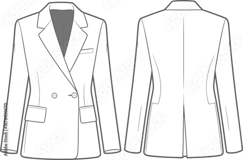 Women’s double-breasted blazer flat sketch, vector fashion cad with lapel collar, flap pockets, formal jacket front and back