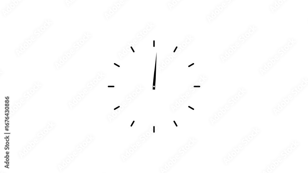 12 hours clock dial loop, twenty-four hours time lapse animation. Twelve hours clock run, moving time arrows. Hours appear on a white background