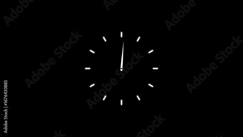 12 hours clock dial loop, twenty-four hours time lapse animation. Twelve hours clock run, moving time arrows. Hours appear on a black background