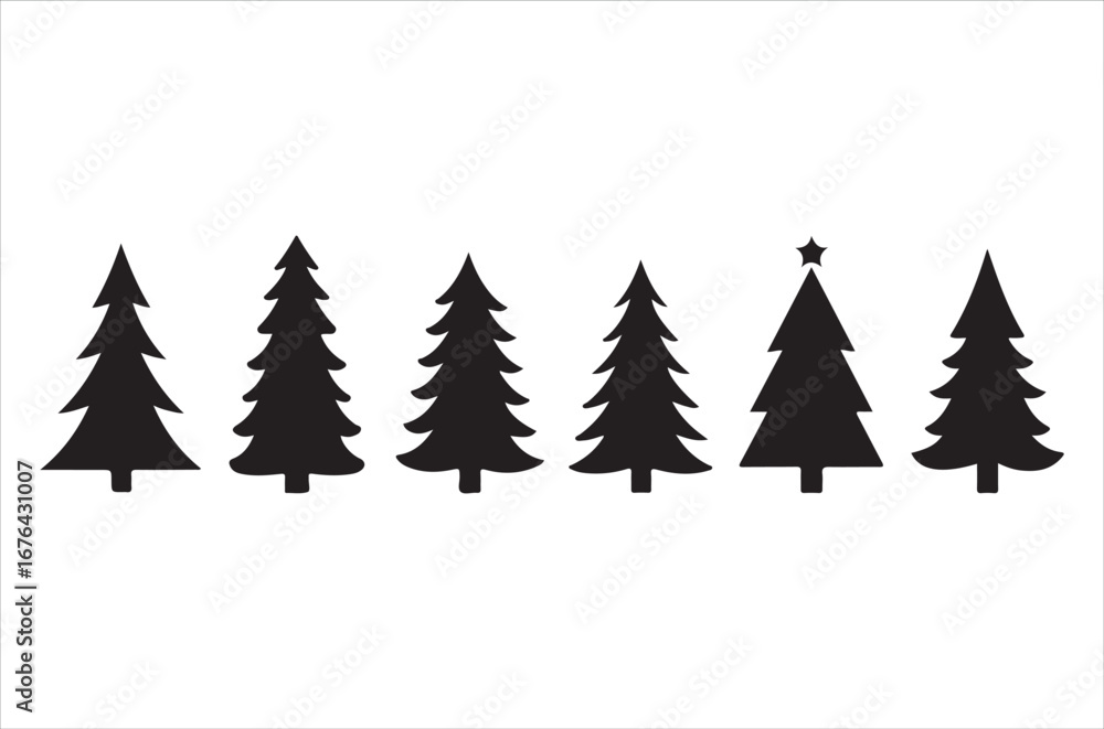Obraz premium Tree silhouette vector bundle, black tree icons set, pine, oak, leafless and forest trees, nature illustration elements for design, bare and leafy trees, botanical, icon, Isolated, retro on white back