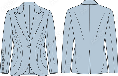 Women’s fitted blazer technical sketch, front and back view, fashion flat drawing, stylish jacket design, CAD vector illustration