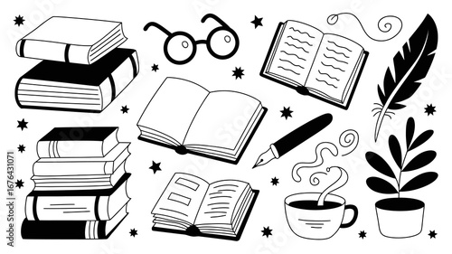 Inspiring collection of books, reading glasses, fountain pen, feather quill, and coffee cup, perfect for study or creative inspiration.