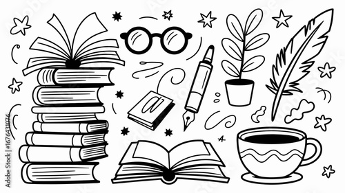 Inspiring collection of books, glasses, quill, plant, and coffee evoking creativity, learning, and cozy study vibes for your projects.