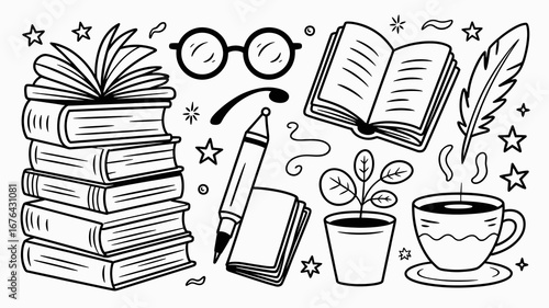 Cozy reading nook essentials featuring stacked books, glasses, pen, plant, and steaming coffee cup, perfect for study inspiration.