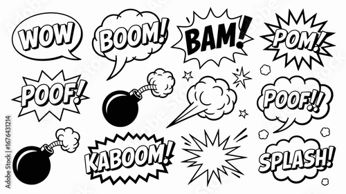 Explosive comic book sound effects and action words like WOW BOOM BAM KABOOM POOF SPLASH, dynamic visual elements for impact.