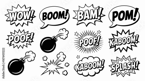 Explosive comic book sound effects POW BAM BOOM KABOOM SPLASH POOF WOW POM action words for design