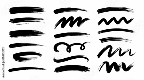 Dynamic collection of expressive black brush stroke elements, perfect for adding creative flair and emphasis to designs.