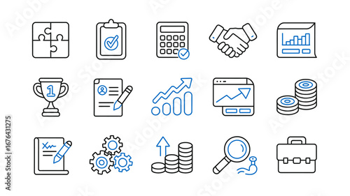 Dynamic business icons symbolizing growth, success, finance, and achievements for modern corporate presentations and reports.