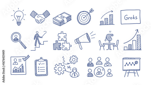 Inspiring business doodles capture growth, teamwork, and success for presentations, reports, and digital content creation.