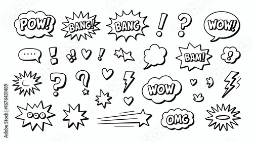 Dynamic comic book style speech bubbles explosions hearts lightning bolts and exclamations for energetic design projects