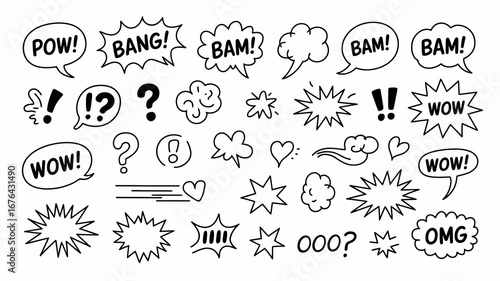 Dynamic comic book speech bubbles and sound effects for energetic design projects, conveying excitement and impact.