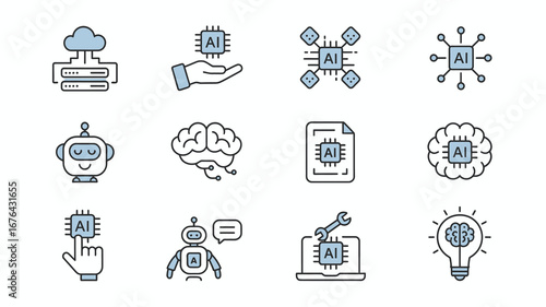 Dynamic AI technology icons showcase innovation, data, and machine learning for modern business solutions