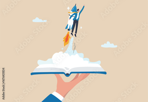 Learning and education, training or innovation to study, launch new project rocket, inspiration or growth achievement, invention concept, businessman with rocket launcher boost from education book.