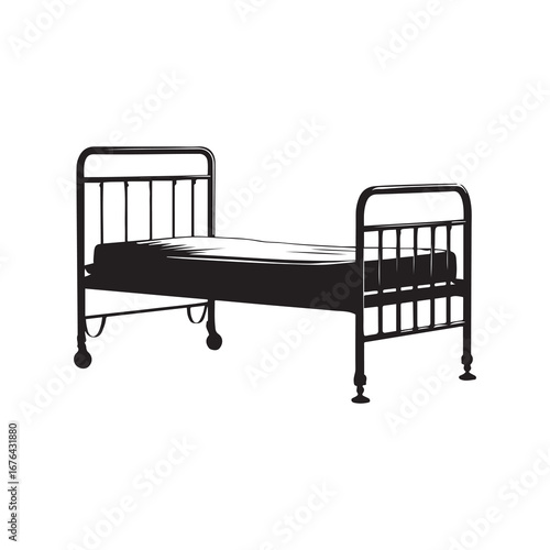 Silhouette of a Vintage Metal Bed with Wheels and Mattress