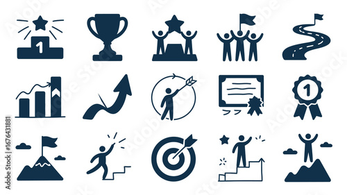 Achieve success with these dynamic icons depicting victory, growth, goals, and achievement for your business projects