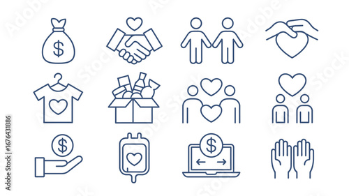 Showcasing compassion and generosity through diverse icons of giving, support, and community connection for impactful projects.