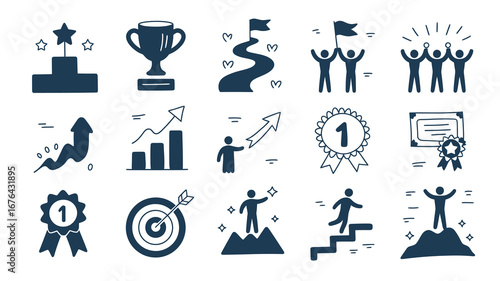 Celebrate achievements with these dynamic icons showcasing success, goals, teamwork, and upward trends for ultimate business wins
