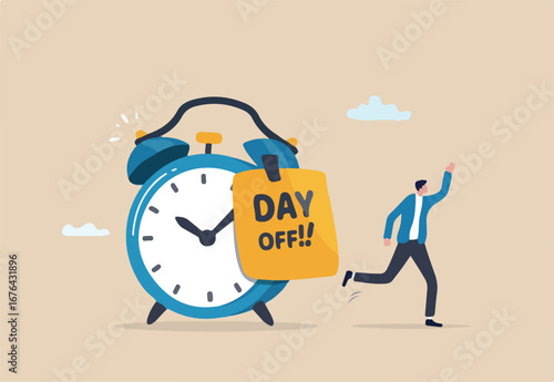 Day off, holiday or vacation reminder, work time planning for out of office notification, relaxation or weekend message memo concept, businessman run with enjoyment on day off note on alarm clock. 