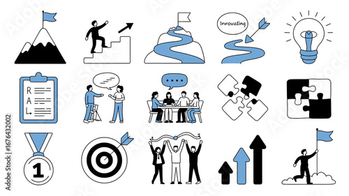 Achieve your goals with this inspiring collection of business success icons, team collaboration, and growth strategies for modern professionals.