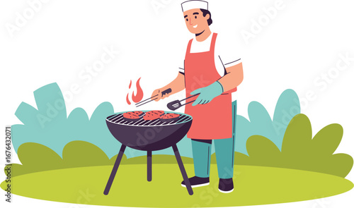 Man Grilling Burgers on a Barbecue in the Park